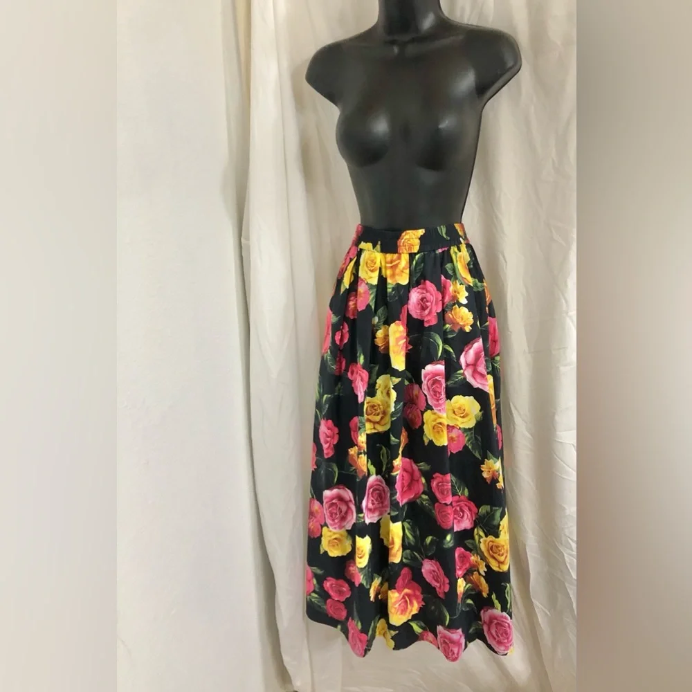 Joie black and yellow red pink roses print maxi cotton blend skirt size medium